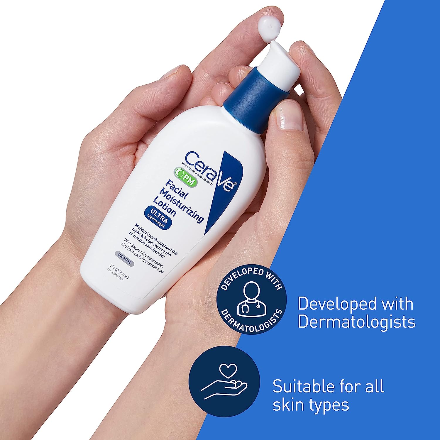 CeraVe PM Facial Moisturizing Lotion | Night Cream with Hyaluronic Acid and Niacinamide | Ultra-Lightweight, Oil-Free Moisturizer for Face | 3 Ounce